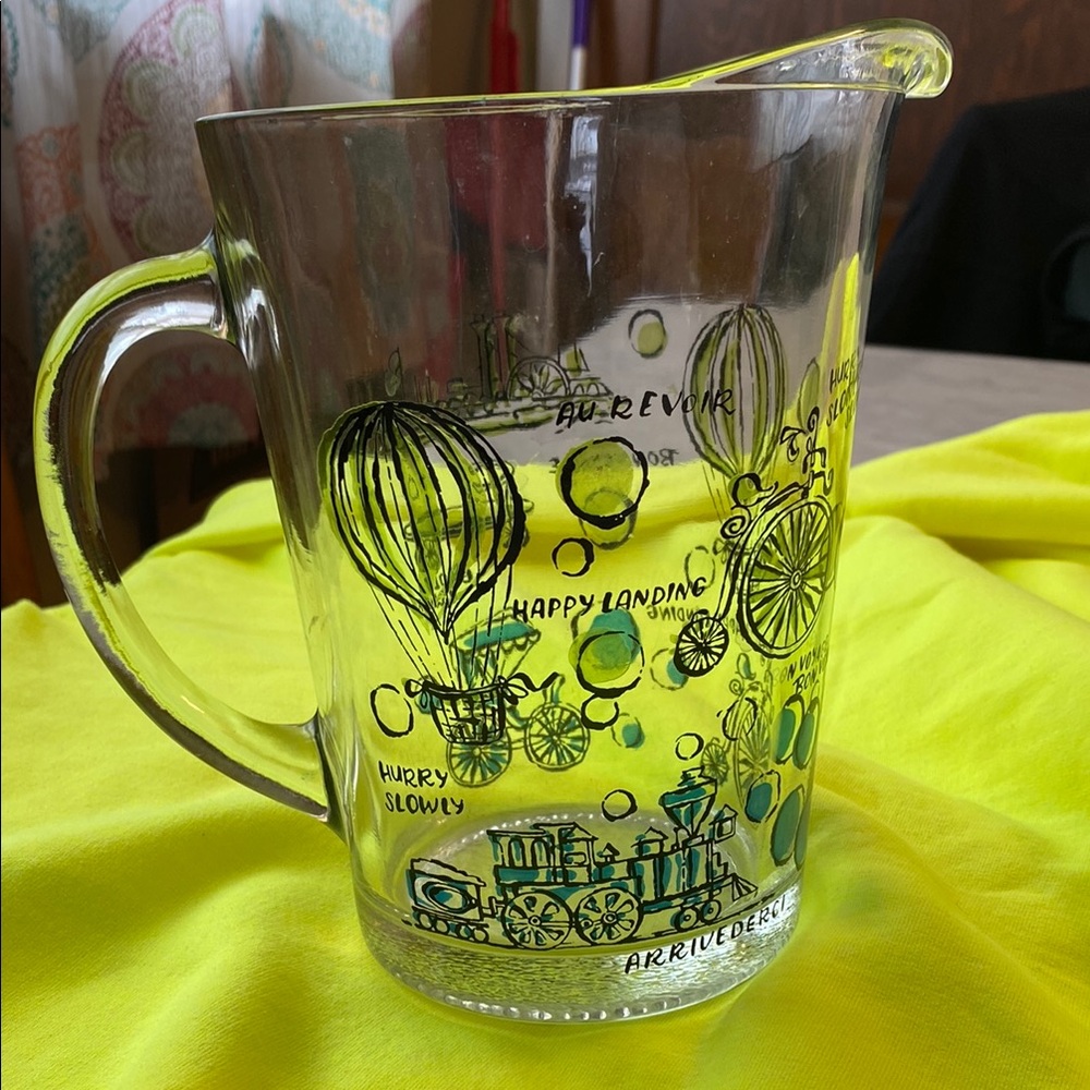 Vintage Mid Century Bon Voyage Train Travel Themed Clear Glass Pitcher - Picture 6 of 9
